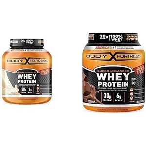 image:imageBundle of Body Fortress Super Advanced Whey Protein Powder Immune Support Vitamins C amp D Plus Zinc Vanilla 39 lbs  Chocolate 178 lbsLarge Vanilla Small Chocolate